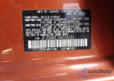 2025 Subaru Crosstrek Premium из США, поврежденный, VIN JF2GUHDC3SH316181